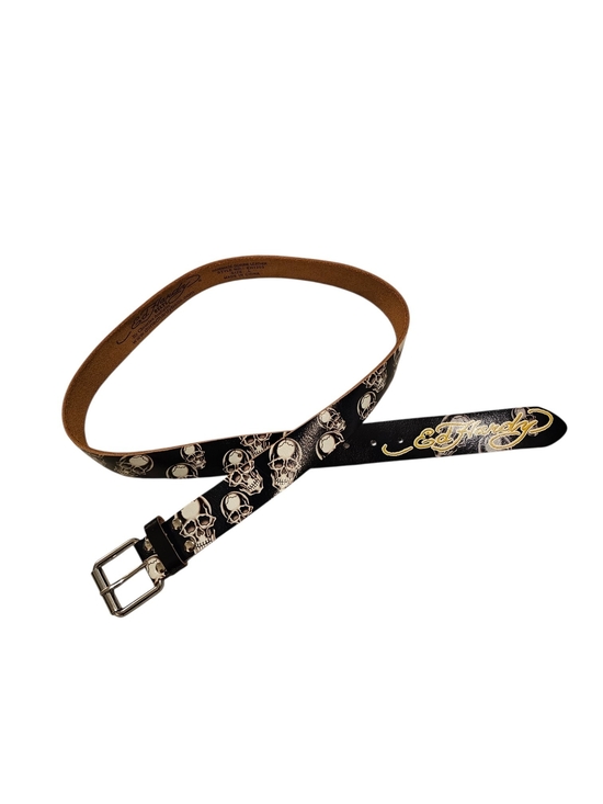 Ed Hardy Other - Y2k Ed Hardy Black Leather Belt with Cream Skull Motif and Gold Script